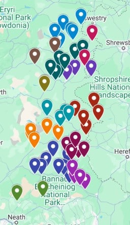 Map of Powys showing location of community buildings